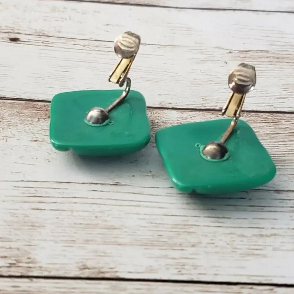 Vintage Clip On Earrings Green Diamond Shape with Design - Retro